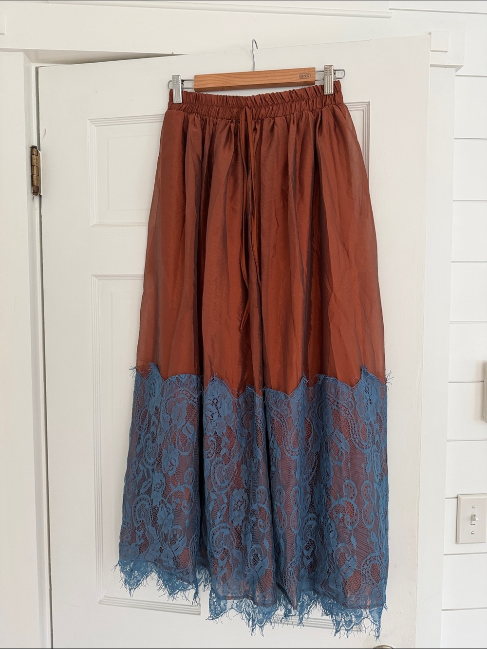 Rust Brown and Dusty Blue Lace Hem Midi Skirt